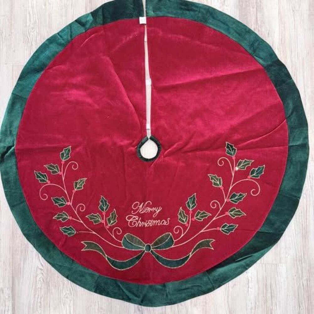 Velvet Merry Christmas Tree Skirt with Holly Embroidery